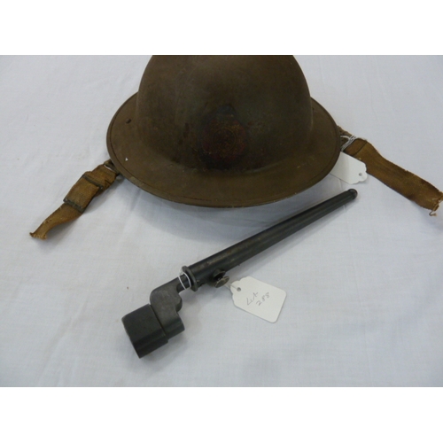 288 - Royal Military Police coat, WW2 Fire brigade hat and spike bayonet