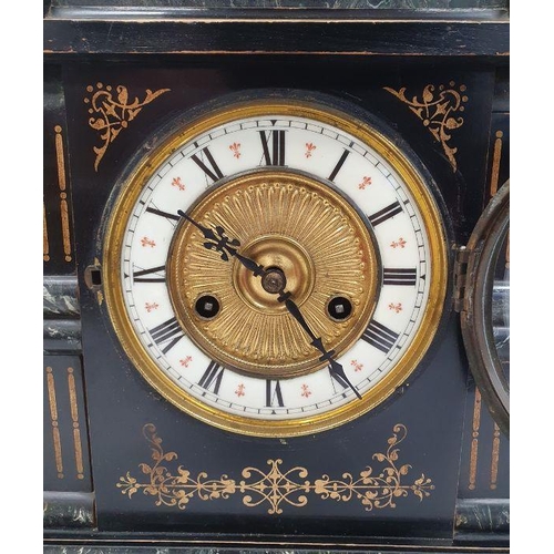 1002 - Marble-effect ebonised wood and gilt painted clock with Roman numerals to the dial