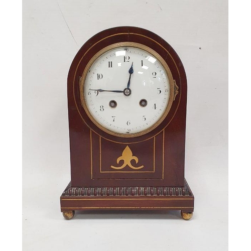 1008 - Late 19th/early 20th century mahogany and brass inlaid mantel clock, the case of domed form, the cir... 