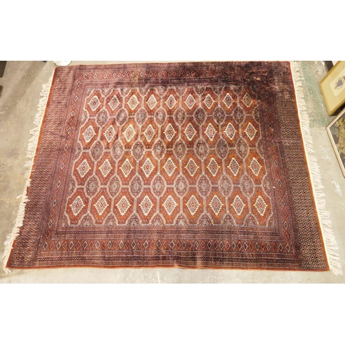 1023 - Modern Bokhara-type carpet with repeating cream ground motifs, stepped border, 234cm x 188cm