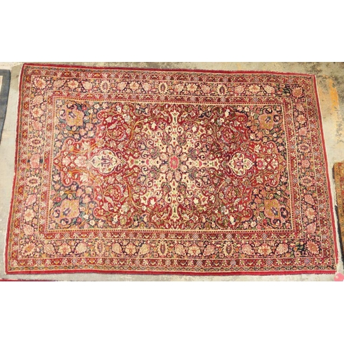 1025 - Pair of Meshed wool rugs with central medallions on a pink ground foliate decorated field, blue span... 