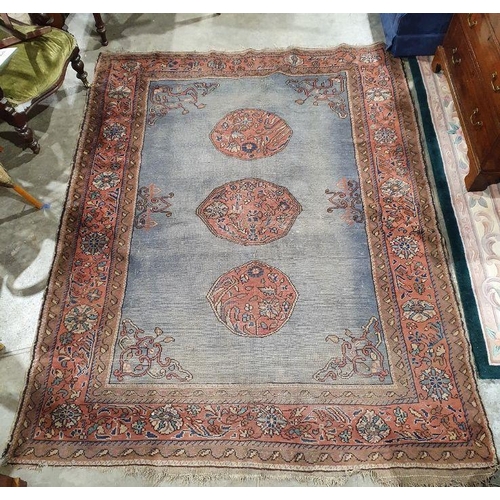 1036 - Kazak-type rug with plain blue field with three central red ground field with three central red grou... 