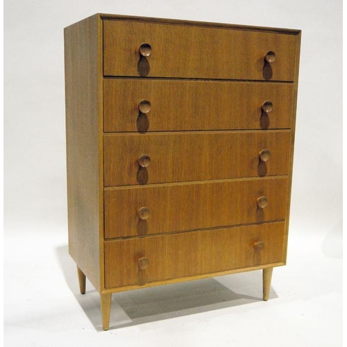 1074 - Mid-century modern Meredew oak chest of five long drawers, on cylindrical tapering supports, 76cm x ... 