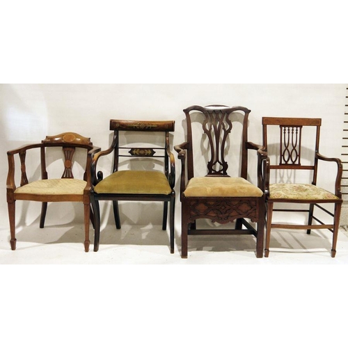 1118 - Four assorted chairs to include Regency brass inlaid example, on sabre front legs, with scrolled arm... 