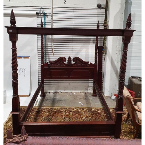 1143 - Modern mahogany four-poster bed with turned and carved posts and heavily carved headboard