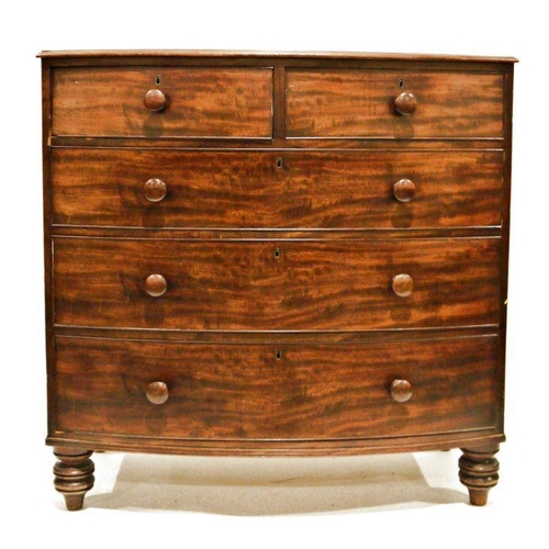 1170 - Victorian bowfront mahogany chest of two short over three long drawers, on turned supports, 106cm x ... 