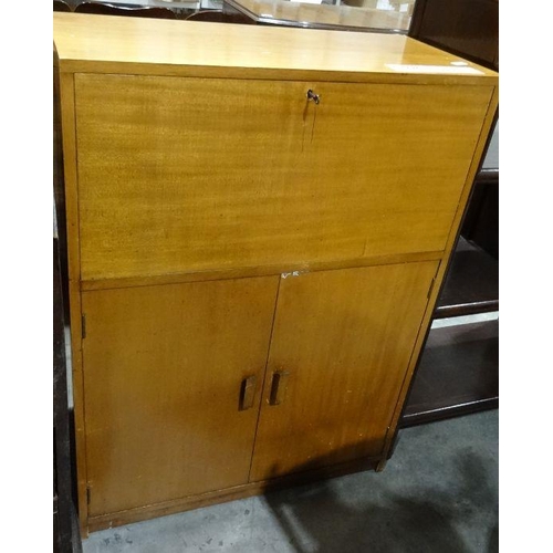 1235 - Mid-century modern teak secretaire with two cupboard doors under, 81cm x 109cm