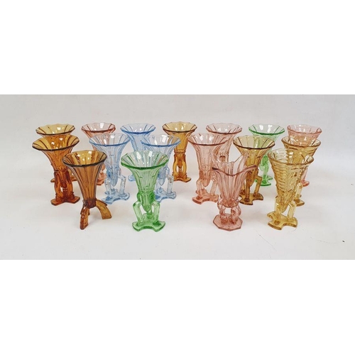 124 - Collection of Art Deco press-moulded glass Rocket vases, in blue, green, amber and pink colourways, ... 