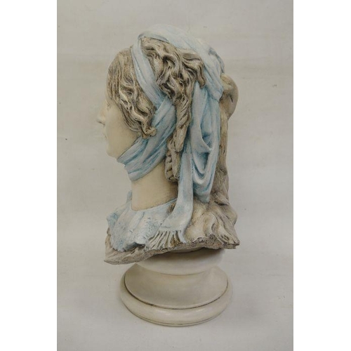 156 - Ceramic bust of a woman, blue scarf headdress, on circular socle, 48cm high