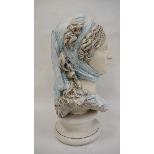 156 - Ceramic bust of a woman, blue scarf headdress, on circular socle, 48cm high