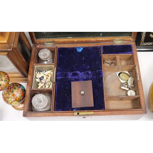 167 - Lady's vanity box, an abalone card case, two wooden cased mantel clocks and various sundry items