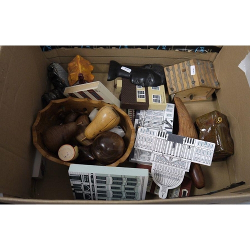 191 - Box of assorted items to include an African carved hardwood head, various items of treen, a carved h... 