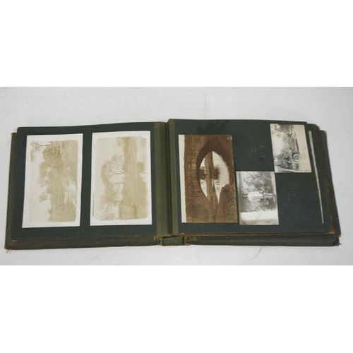 218 - Photograph album and contents of black and white vintage photographs to include figures on horseback... 