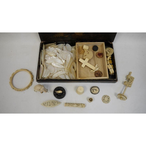 230 - Assorted mother-of-pearl Chinese game counters including some in form of fish, ivory cross, bangles,... 