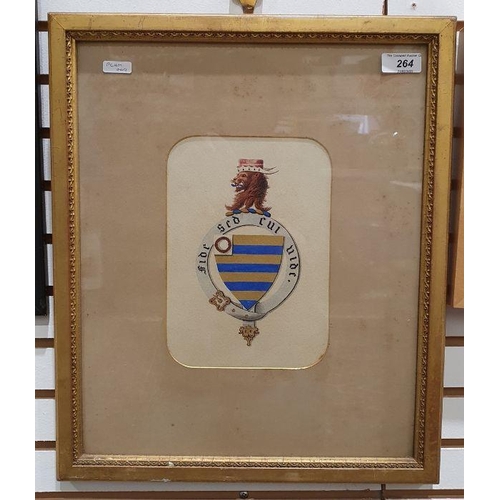 264 - 20th century English school
 Watercolour 
 Armorial gold and blue striped shield surrounded by the m... 