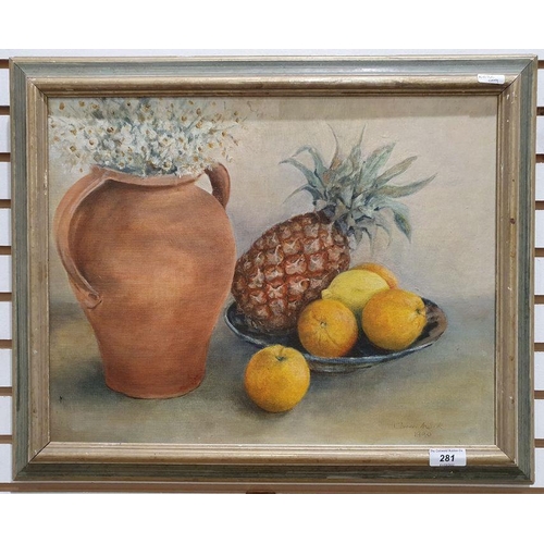 281 - Gavin Mack(?) (20th century)
 Still life study of fruit, vase and bowl, signed and dated 1990 lower ... 