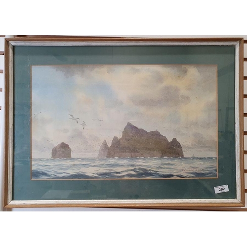 282 - Stuart Beck 
 Watercolour drawing
 Craggie island in sea, signed lower right
 Harry A Teale
 Bullfin... 