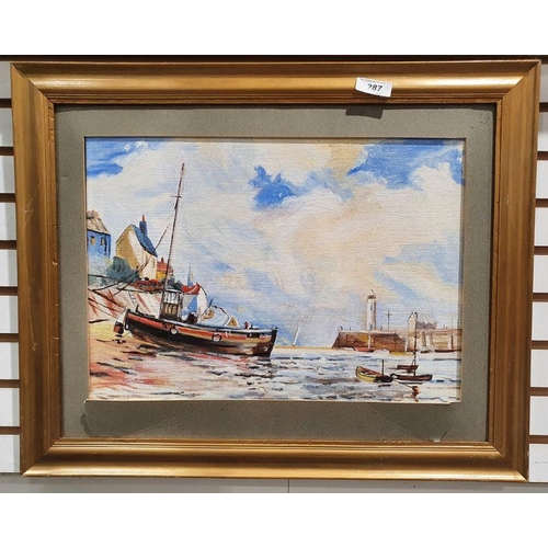 287 - 20th century British school
 Oil on board
 Fishing village, unsigned, 27cm x 38cm