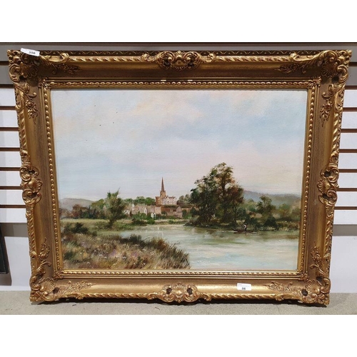 297 - A T Avery
 Oil on canvas
 Continental river scene with spire in background and a gentleman punting d... 