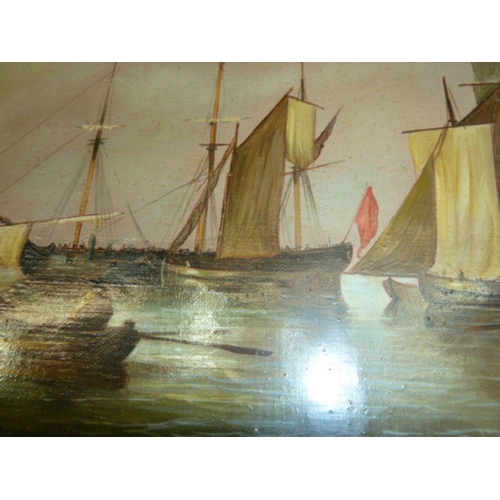 304 - Unattributed
 Oil on canvas
 Harbour scene with sailing boats, a rowing boat in the foreground, fish... 