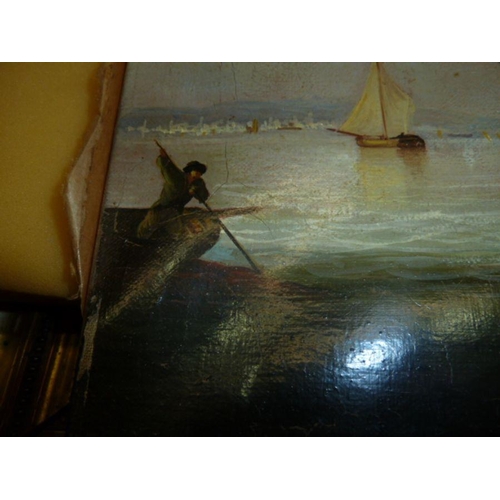 304 - Unattributed
 Oil on canvas
 Harbour scene with sailing boats, a rowing boat in the foreground, fish... 