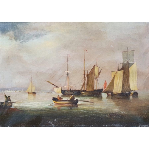 304 - Unattributed
 Oil on canvas
 Harbour scene with sailing boats, a rowing boat in the foreground, fish... 