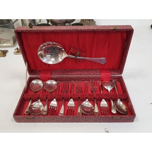 306 - Plated, pewter and brassware to include flatware, teapot, mug, etc (1 box)