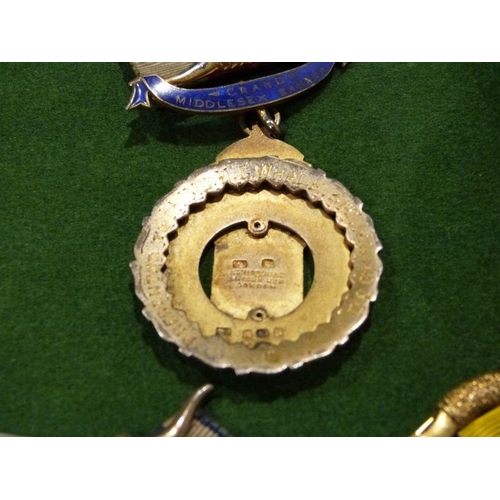 330 - 11 silver-gilt  and enamel masonic medals, a large gilt metal and enamel masonic medal attached to s... 