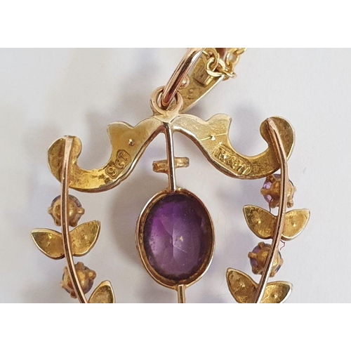 336 - 9ct gold amethyst and seedpearl pendant, foliate and scroll openwork, set two larger faceted amethys... 