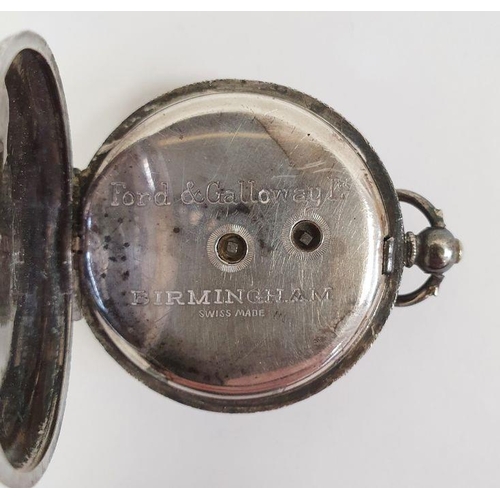 340 - Lady's silver open-faced fob watch in engraved case and inscribed 'Ford & Galloway, Birmingham' to i... 