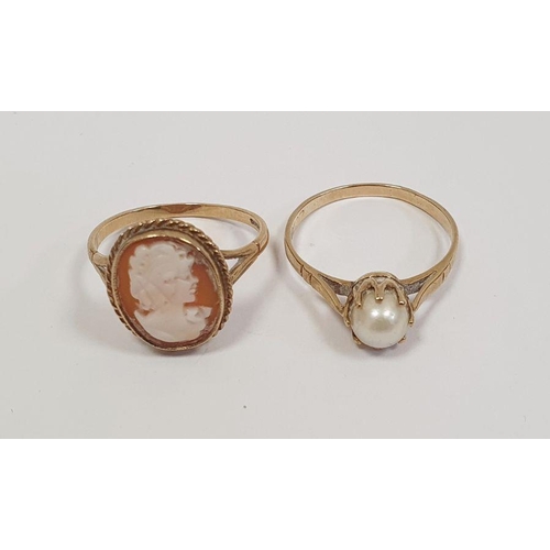 349 - 9ct gold and shell cameo ring and a gold and cultured pearl ring, approx 5g gross (2)