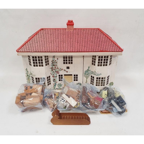 441 - Vintage doll's house with sliding painted metal frontage, modern furniture to interior