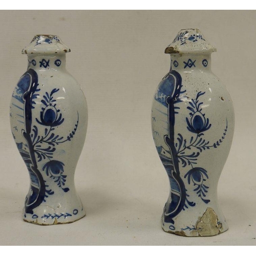 61 - Pair of Dutch Delft baluster vases and fixed covers, 18th/19th century, blue 108 over star mark, eac... 