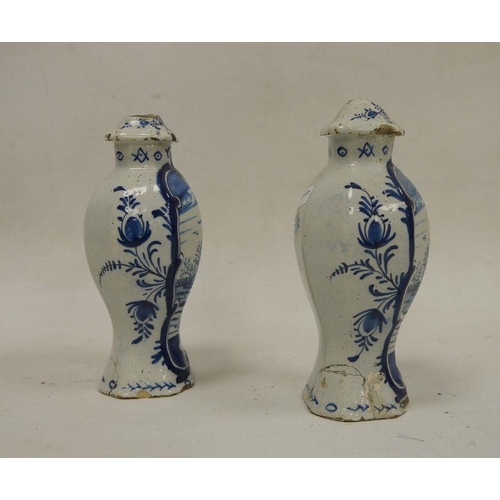 61 - Pair of Dutch Delft baluster vases and fixed covers, 18th/19th century, blue 108 over star mark, eac... 