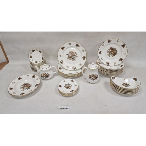 10 - Royal Worcester china dinner service, mainly for six, decorated in brown and blue with foliage and f... 