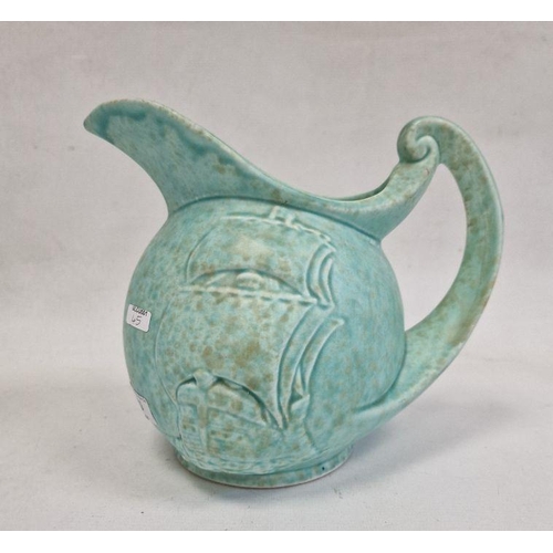 19 - Sylvac-style pottery sailing galleon jug with scroll handle, mottled turquoise ground, 19.5cm high