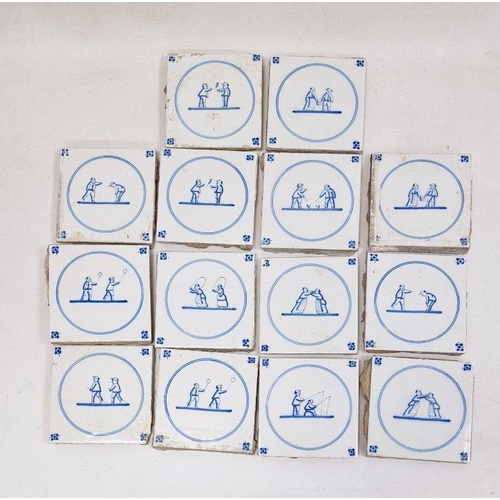 36 - 14 blue and white delft tiles, each of two figures, within circle to include wrestling and fishing (... 