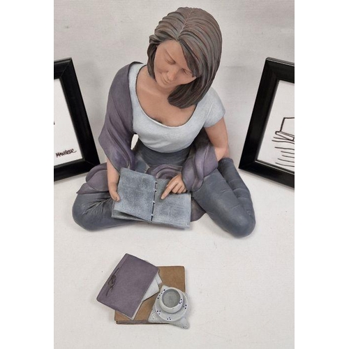 44 - Two Manrique Lanzerote tile pictures and Spanish 'Elisa' resin figure of girl seated with books