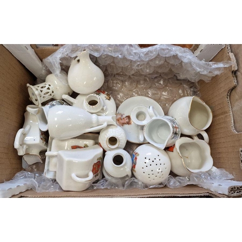 47 - Three boxes of Goss and other crested china to include figure of Captain Scott, two bears and scarf ... 