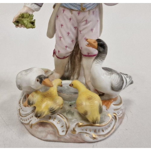 52 - 19th century Meissen figure of boy feeding ducks, on gilt scroll decorated circular base, 12cm high ... 