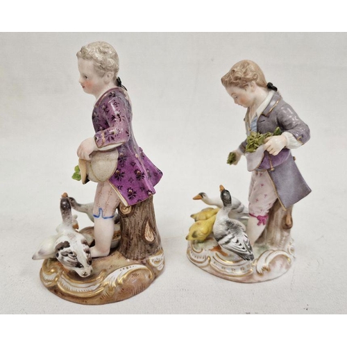 52 - 19th century Meissen figure of boy feeding ducks, on gilt scroll decorated circular base, 12cm high ... 