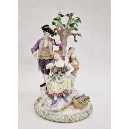 55 - 19th century Meissen porcelain figure group of family picking fruit and flowers beside tree, the man... 