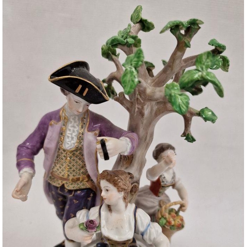 55 - 19th century Meissen porcelain figure group of family picking fruit and flowers beside tree, the man... 