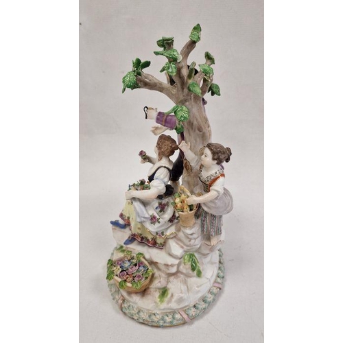 55 - 19th century Meissen porcelain figure group of family picking fruit and flowers beside tree, the man... 