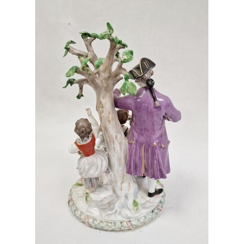 55 - 19th century Meissen porcelain figure group of family picking fruit and flowers beside tree, the man... 