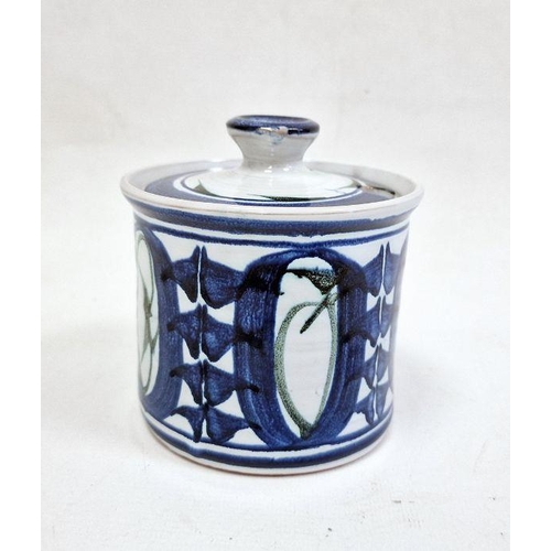 58 - Alan Caiger-Smith Aldermaston pottery canister with blue abstract design, 11cm high x 10.5cm diamete... 