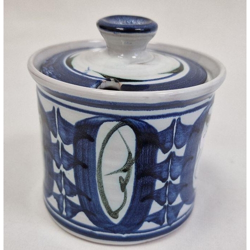 58 - Alan Caiger-Smith Aldermaston pottery canister with blue abstract design, 11cm high x 10.5cm diamete... 