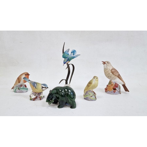 62 - Albany Worcester-style bronze and porcelain kingfisher on leaf, four other bird models and green jad... 