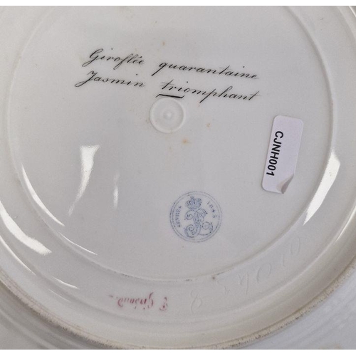 64 - 19th century Sevres porcelain plate, floral and inscribed to reverse 'Giroslee', 'Quarantaine Jasmin... 