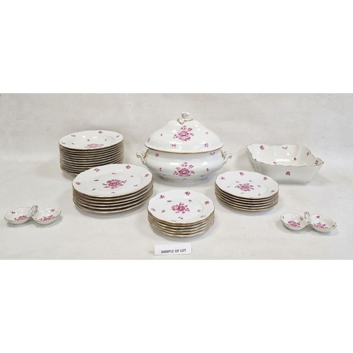 66 - Herend porcelain dinner service mainly for six, all decorated with pink floral sprays, osier border,... 